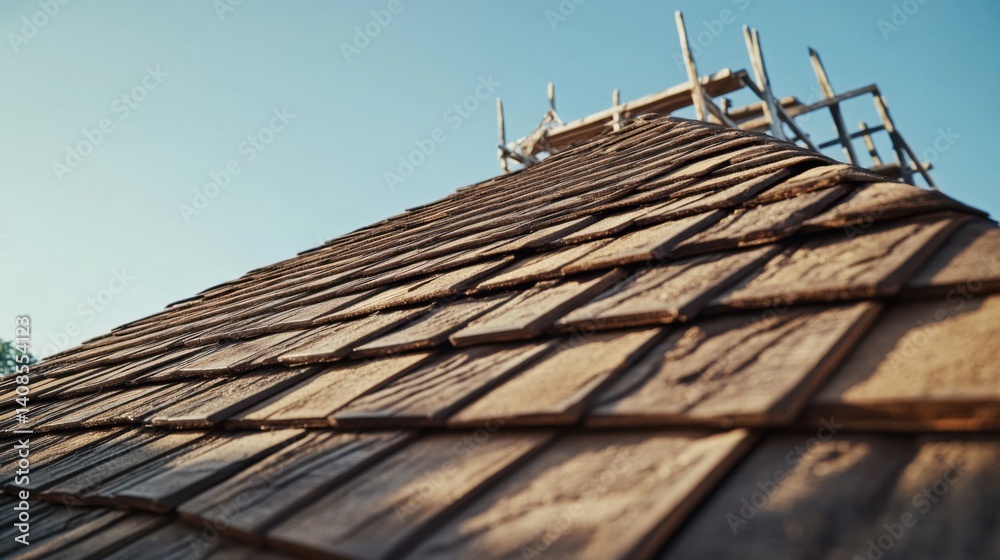 Roofer installing roof shingles under clear skies. Featuring focus and technique Roofer installing roof shingles under clear skies. Featuring focus and technique