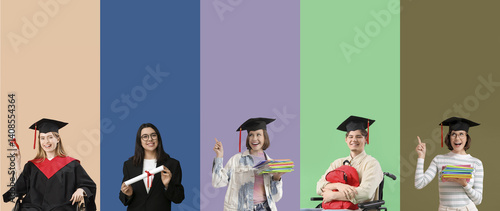 Set of graduating students on color background