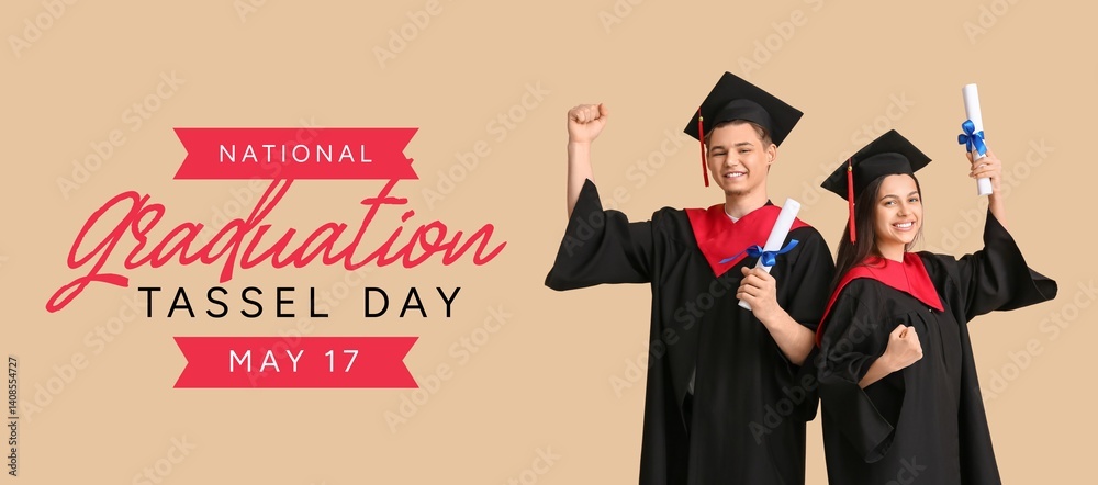 Happy students with diplomas on beige background. Banner for national Graduation Tassel Day