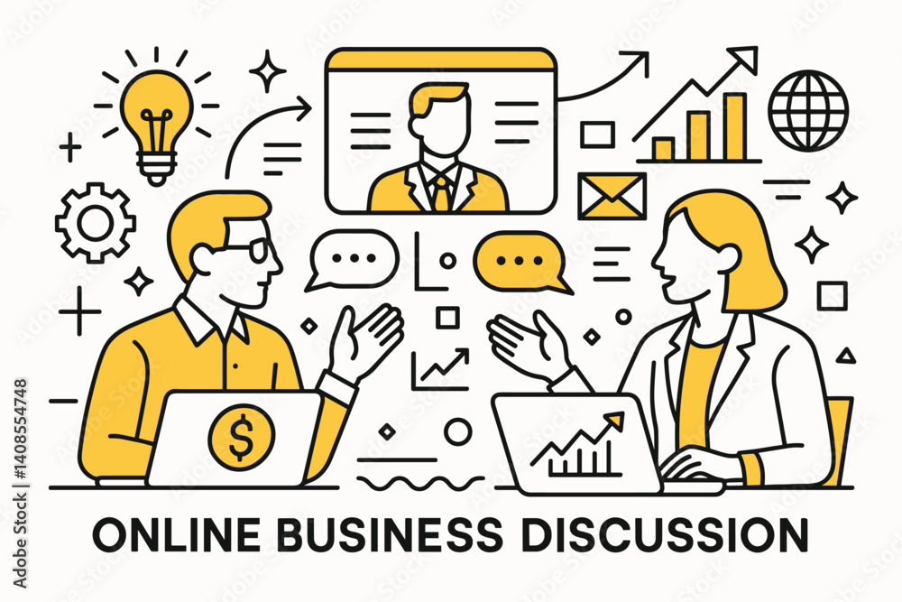 Online business discussion. Modern flat line art illustration. Trendy outline vector graphic elements. Creative concept. Black and yellow colors isolated on white background Online business discussion. Modern flat line art illustration. Trendy outline vector graphic elements. Creative concept. Black and yellow colors isolated on white background