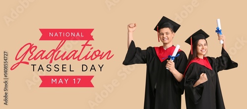 Obraz na płótnie Happy students with diplomas on beige background. Banner for national Graduation Tassel Day w salonie