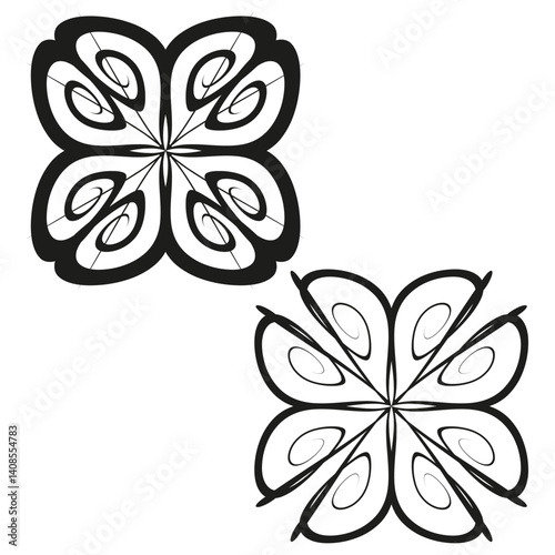 Swirl petal motif. Abstract flower shape. Curved floral vector. Symmetrical black symbol.