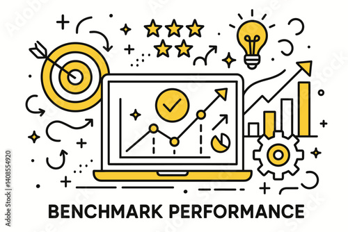 Benchmark performance. Modern flat line art illustration. Trendy outline vector graphic elements. Creative concept. Black and yellow colors isolated on white background