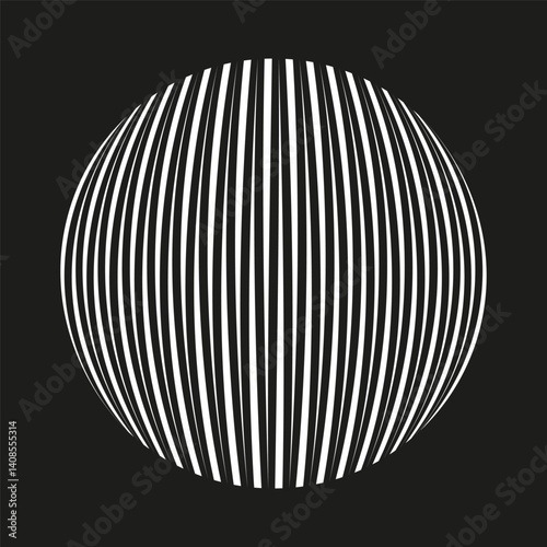 Striped sphere vector. Vertical lines symbol. White globe shape. Black background.