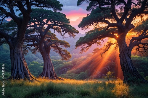 Vibrant Light Streaming Through Ancient Forest Trees in Stunning Natural Landscape