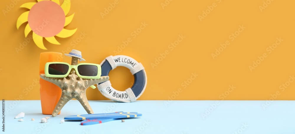 Starfish with sunglasses, bottle of sunscreen cream and mini surfboards on color background with space for text