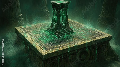 Mysterious, ancient pedestal bathed in eerie green light.