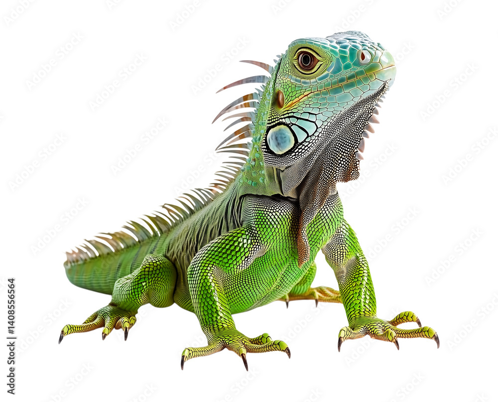 Fototapeta premium iguana with a long tail and vivid green scales, isolated on a transparent background