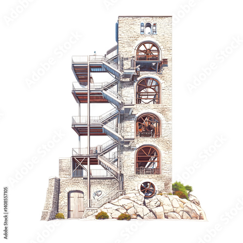 3D Rendered Stone Tower With Metal Stairs on Transparent Background