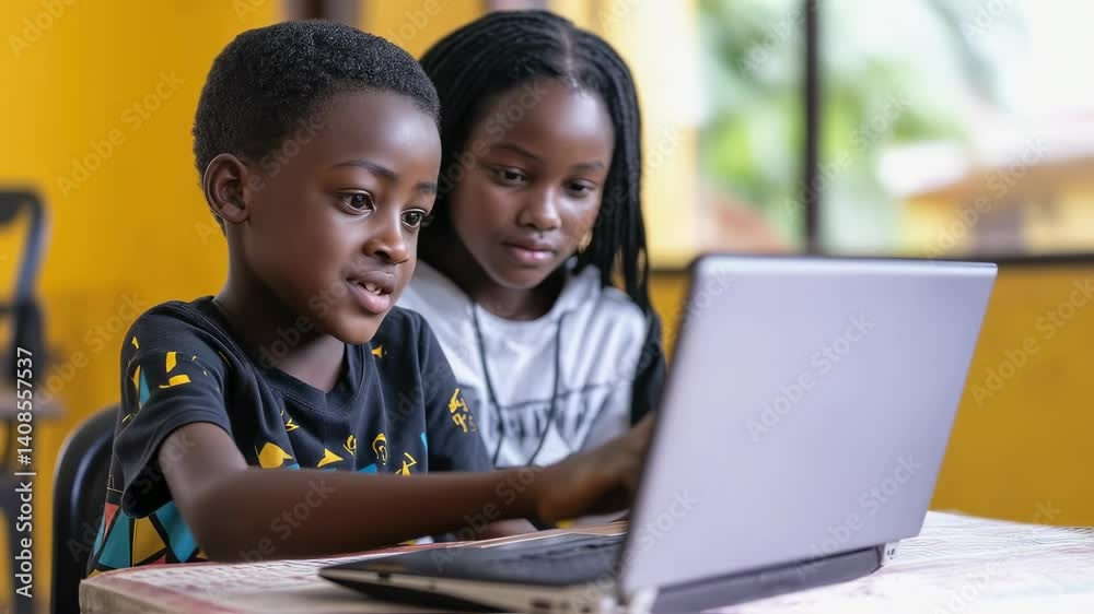 Young African students collaborating during school project, accessing digital educational resources through laptop while working together in vibrant classroom environment