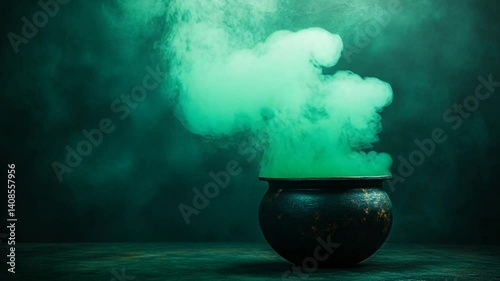 Mystical cauldron bubbling with emerald green vapor, a captivating and magical scene