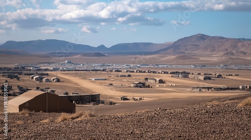 Vast military base nestled in a desert landscape with mountains in the background