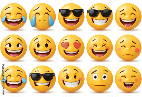 Set of 10 3D cartoon emoji faces with various expressive emotions including joy, laughter, crying, anger, love, silliness.