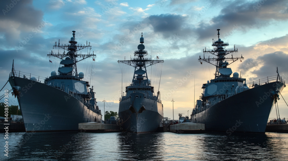 Three naval vessels anchored at a military base during sunset Three naval vessels anchored at a military base during sunset