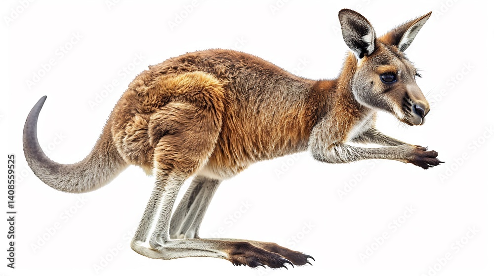 Fototapeta premium Kangaroo mid jump strong hind legs pushing off soft brown fur detailed tail balanced isolated on a white background