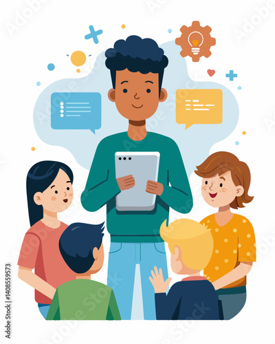 A student proudly presenting their coding project on their tablet to a group of classmates explaining their thought process and design choices.. Vector illustration