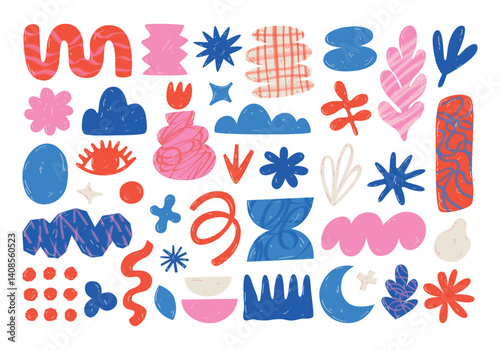 A set of hand-drawn whimsical abstract geometric shapes and objects. Modern three-dimensional figures, various organic elements in doodle style for decoration. Boho style, aesthetics, grunge, retro.