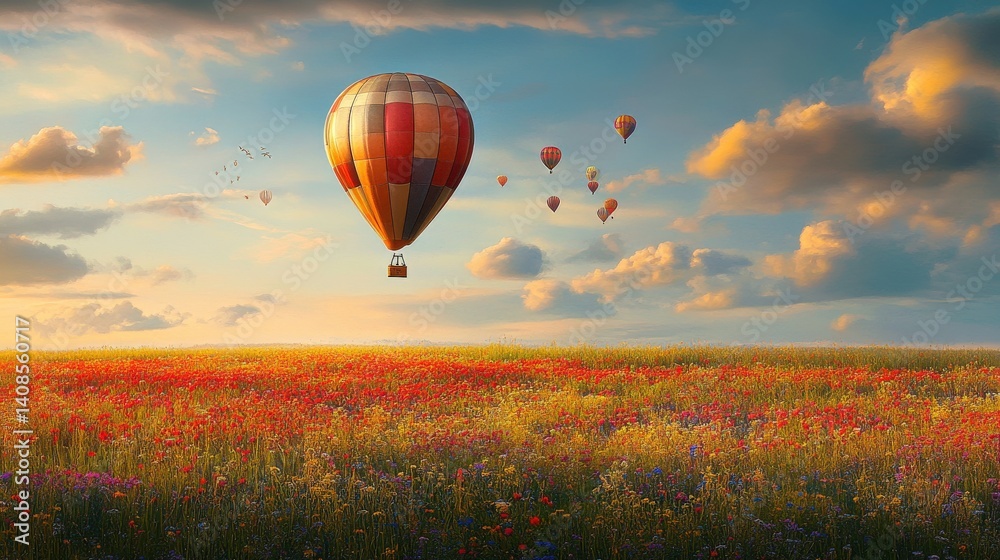 Fototapeta premium Colorful hot air balloons are floating over a blooming flower field