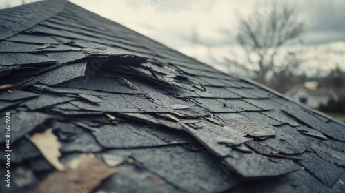 Roofer repairing storm damage on a residential roof. Featuring skill and attention to detail photo