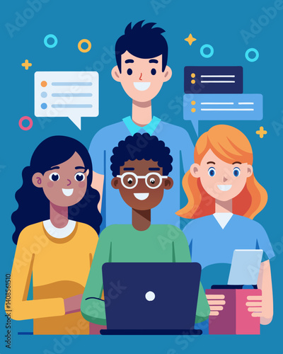 A group of students on a study abroad program spend weekends coding their virtual assistants eager to show off their creations at the end of the semester.. Vector illustration