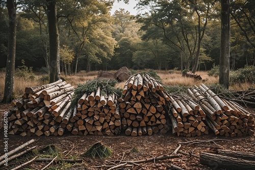 Chopped Wood Bundles and Branches Displayed in a Serene Woodland Glade