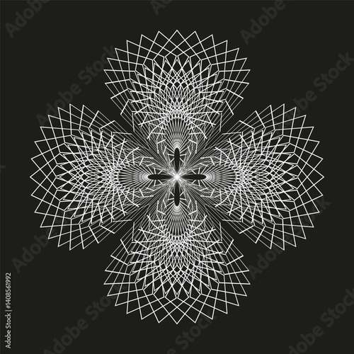 Mesh flower shape. White spiral design. Geometric grid vector. Black background contrast.