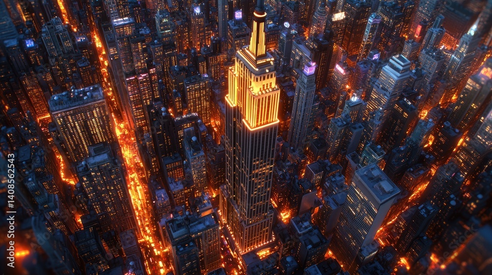 Aerial view of illuminated New York City skyscrapers at night. Aerial view of illuminated New York City skyscrapers at night.