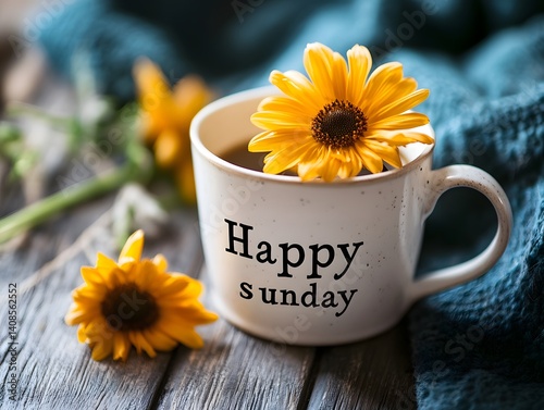 Happy Sunday Coffee Cup with Yellow Flower Cozy Morning Still Life