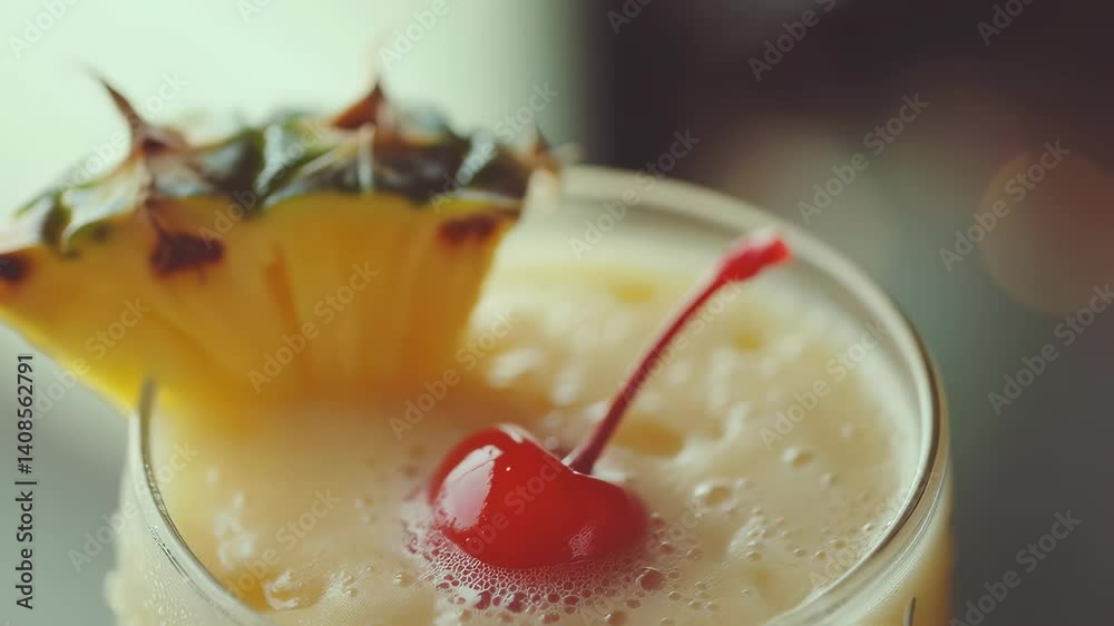 Close up view of a tropical cocktail featuring a creamy pineapple base, adorned with a vibrant red cherry and a fresh pineapple wedge, creating an inviting summer beverage