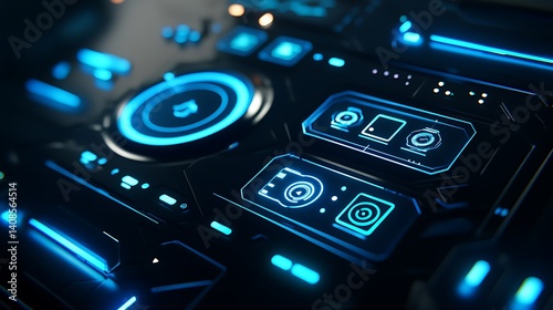 Futuristic User Interface with Blue Neon Lights and Control Panels