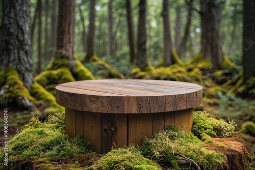 Wooden Podium with Moss in Fairy Tale Forest Setting