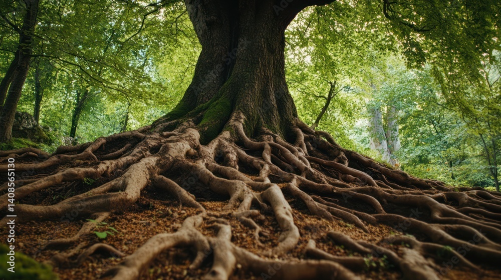 A massive tree showing its large roots spread across the forest floor A massive tree showing its large roots spread across the forest floor