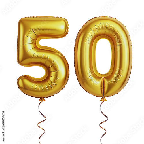 Golden Foil Number Fifty Balloons Floating on a Black Background Celebration Decor