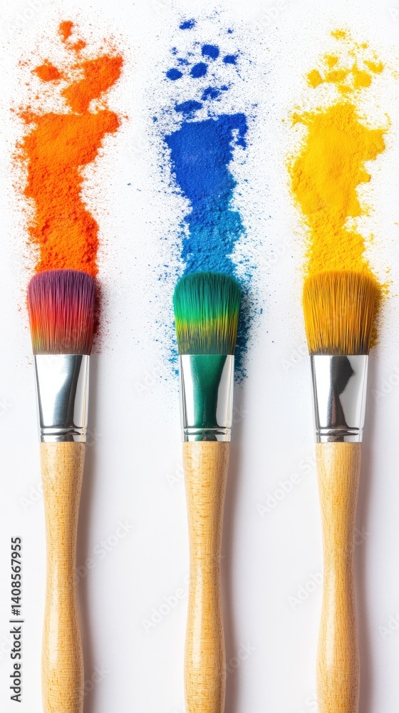 Fototapeta premium Three art brushes, adorned with vibrant colored pigments, against a white background.