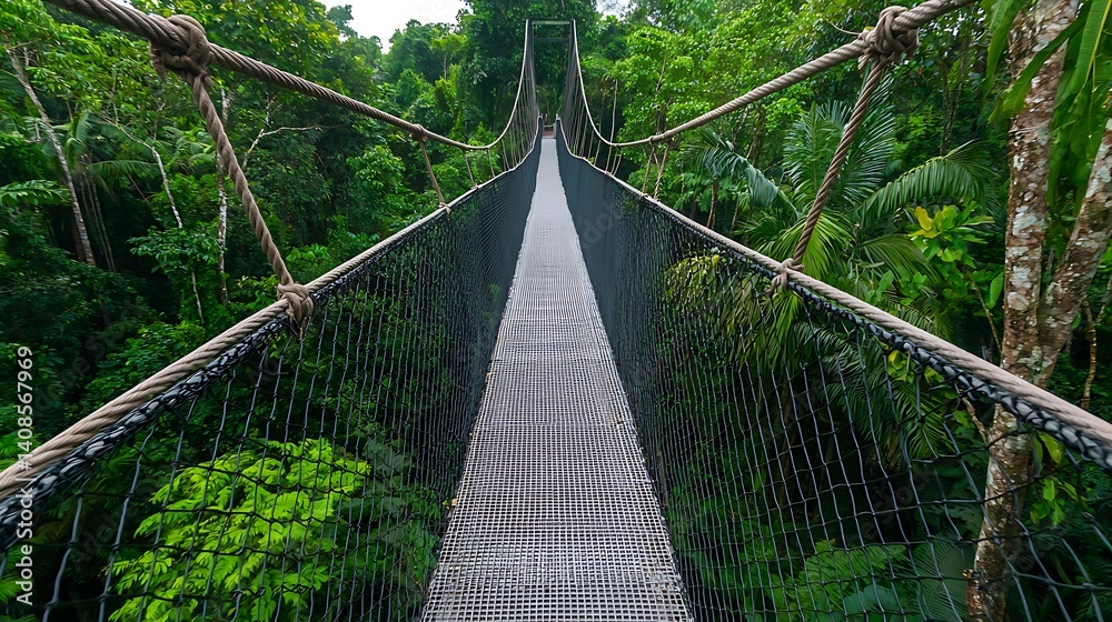 Fototapeta premium Suspension Bridge Over Lush Green Rainforest Canopy in Tropical Paradise