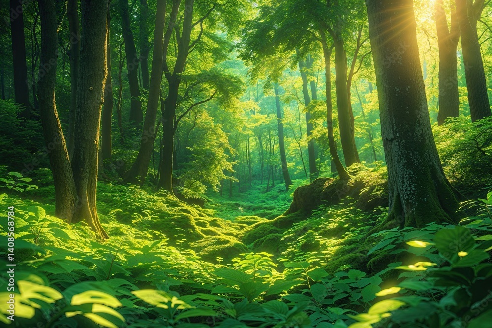 Obraz premium Vibrant Sunlit Green Forest View with Lush Foliage