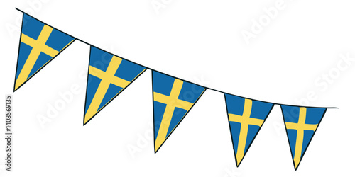 Festive illustration of Swedish party flag bunting – for student celebration, Midsummer or National Day