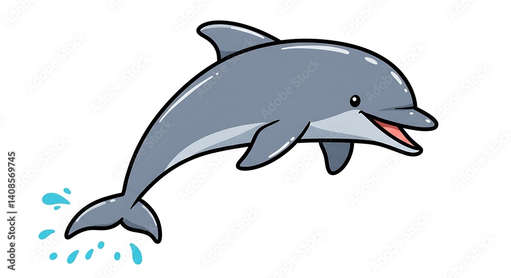 Fototapeta premium Cartoon dolphin jumping playfully with a cheeky smile, isolated on white