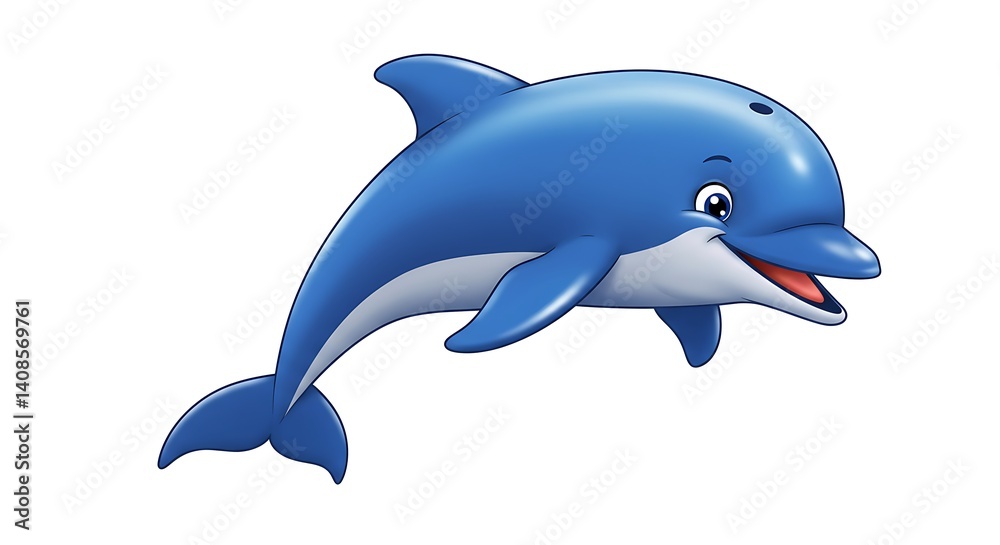Fototapeta premium Cartoon dolphin jumping playfully with a cheeky smile, isolated on white