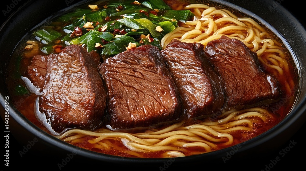 Delicious beef ramen with noodles and broth. Delicious beef ramen with noodles and broth.