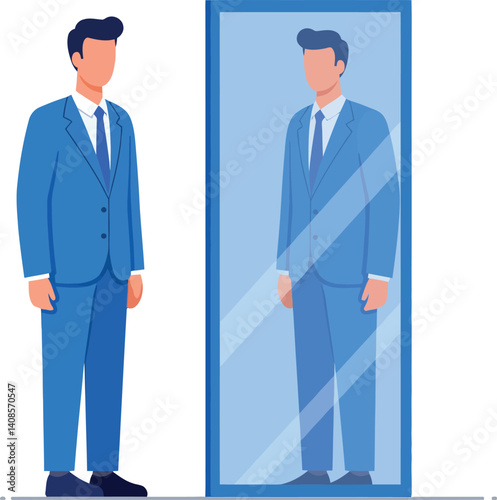 Businessman in a blue suit standing beside a tall mirror in a flat vector illustration