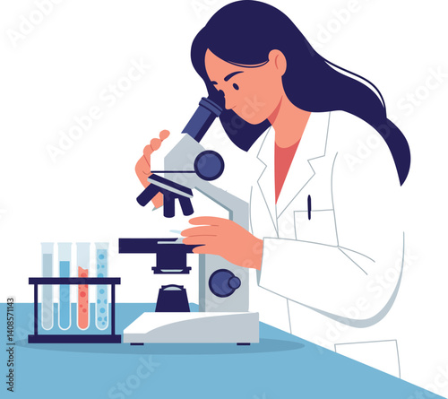 Female scientist examining samples with a microscope in a flat, minimal vector illustration