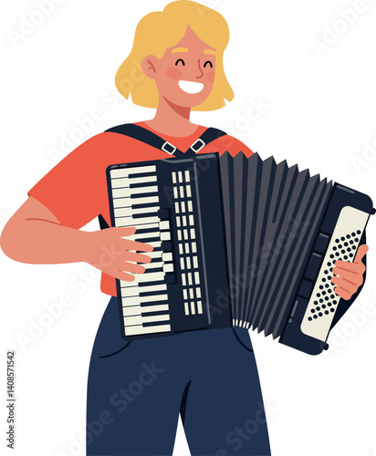 Happy girl playing accordion with joy in a flat, colorful vector illustration