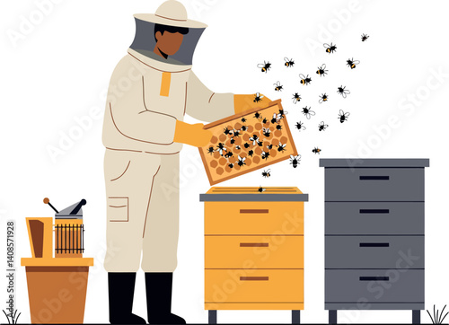Beekeeper in protective suit tending to hives with bees in flat vector art