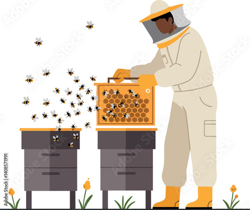 Beekeeper tending to hives in a garden setting with bees flying around, flat vector illustration