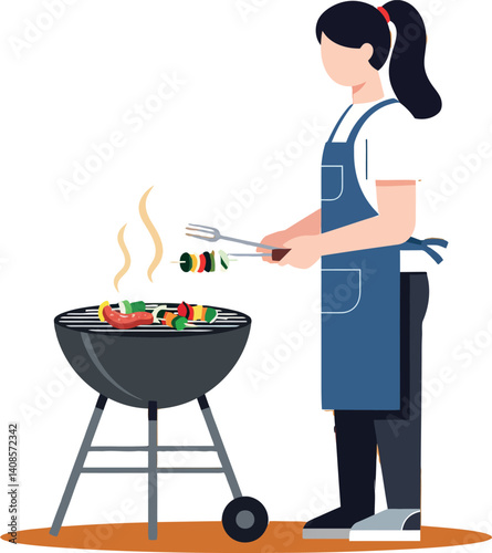 A person grilling colorful vegetables on a charcoal barbecue in a minimal flat design vector art