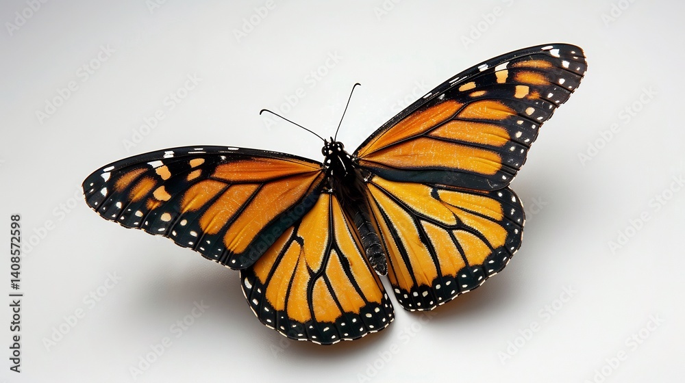 Fototapeta premium Monarch butterfly soaring vibrant orange black wings detailed soft motion blur delicate antennae visible isolated on a white background