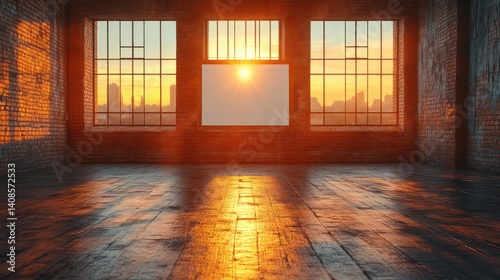 Wallpaper Mural Sunlit Industrial Space with Blank Canvas and Cityscape View Through Large Windows Torontodigital.ca