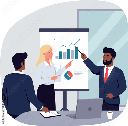 Business team analyzing data during a meeting in flat vector art style with charts and presentations