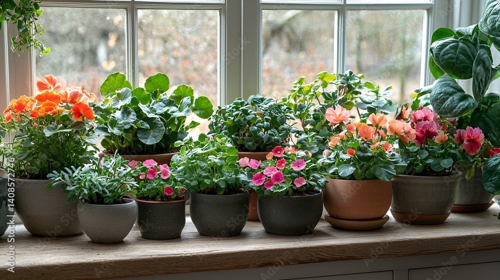 Fototapeta premium Colorful potted plants on a windowsill